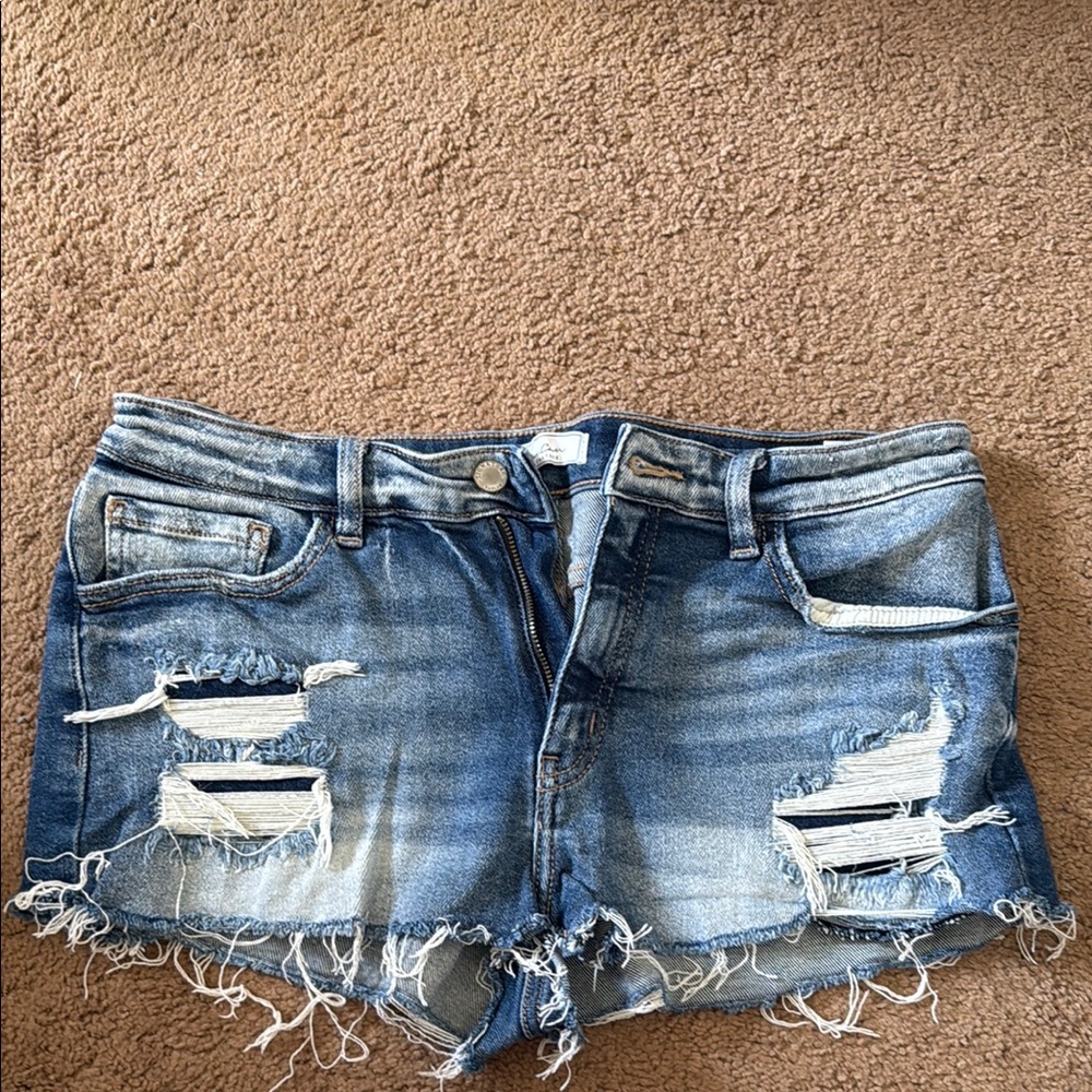Kancan Mid Rise Blue Distressed Jean Shorts